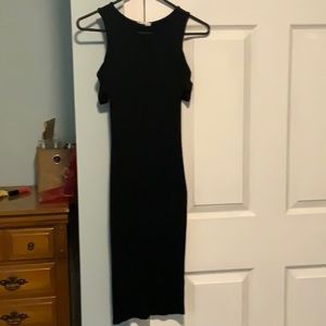Peep shoulder midi body con black dress